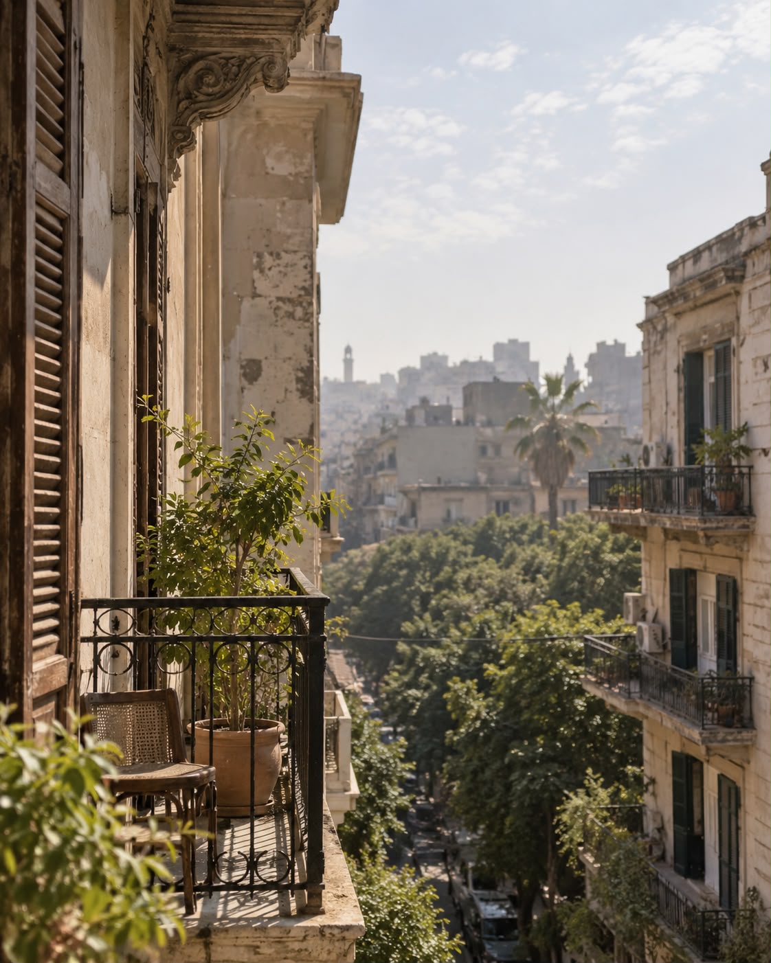 Cairo skyline viewed from a balcony with a potted plant and cane chair