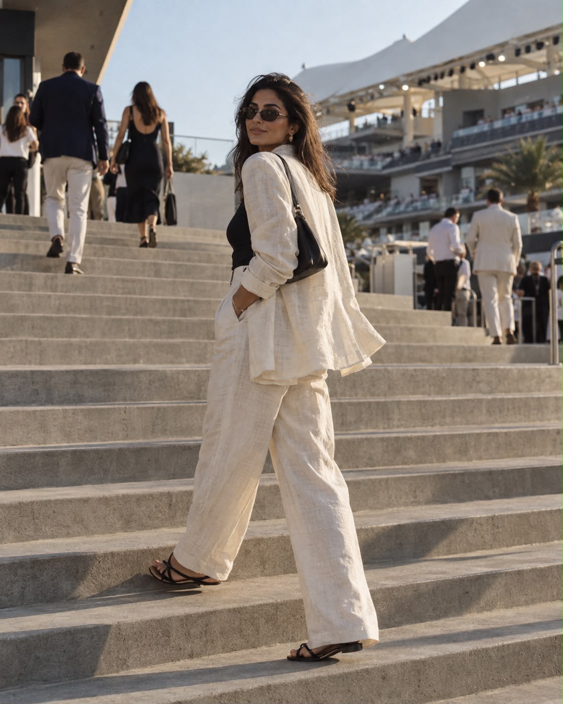 Woman in a cream linen suit on the grandstand steps at the racetrack