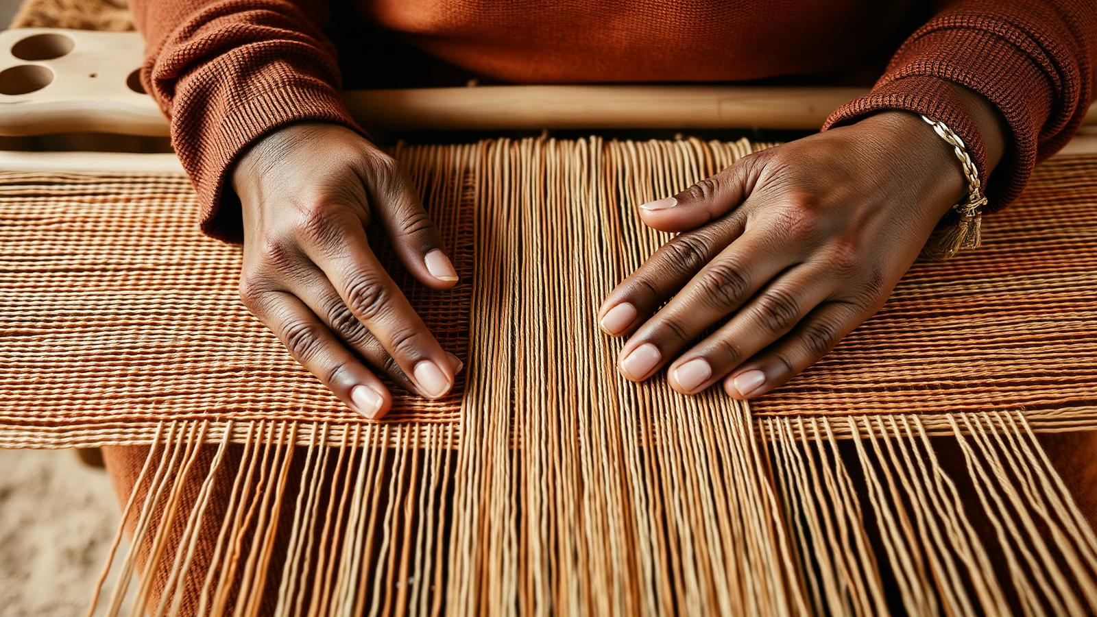 An artisan weaving textile by hand